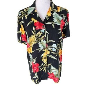 Caribbean Joe Hawaiian Shirt Womans SZ S Black Floral
